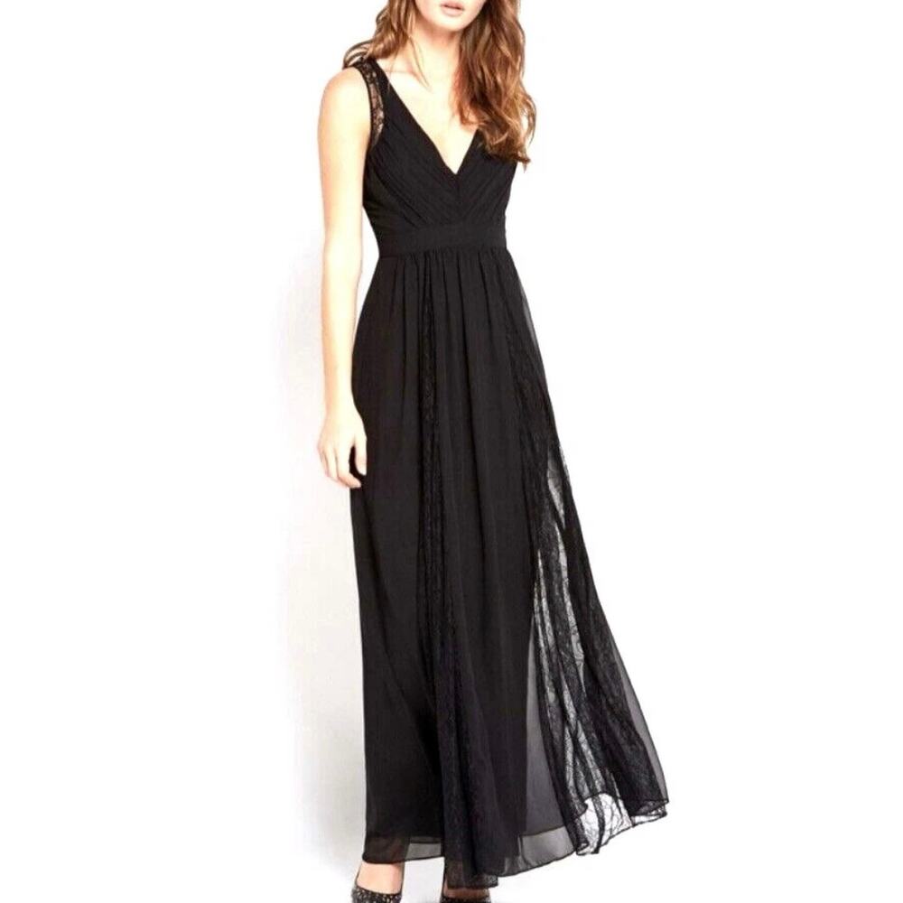 BCBGeneration Black Shirred Lace Inset Maxi Dress Sleeveless Size 10 VDW67K60